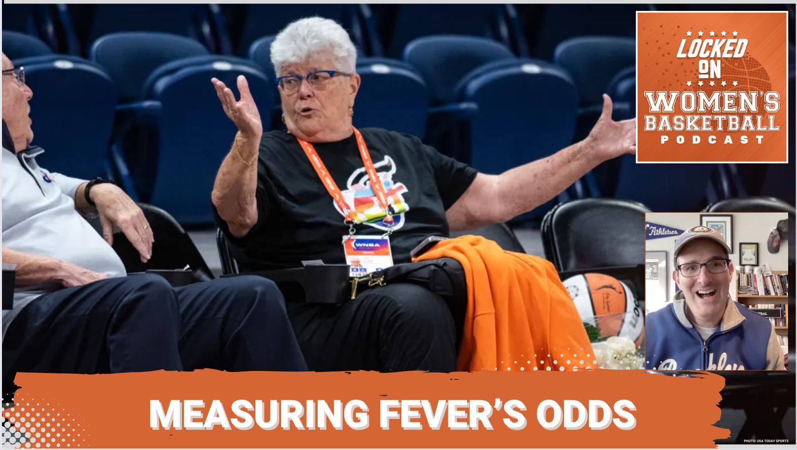 Graphic with a photo of Indiana Fever GM Lin Dunn with a text overlay that reads "Measuring Fever's Odds."